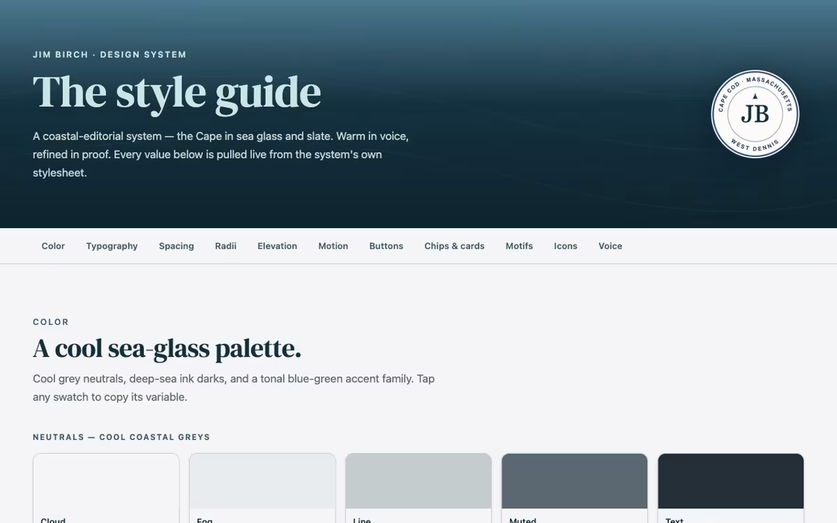 The Jim Birch design system style guide — color palette, typography, and components