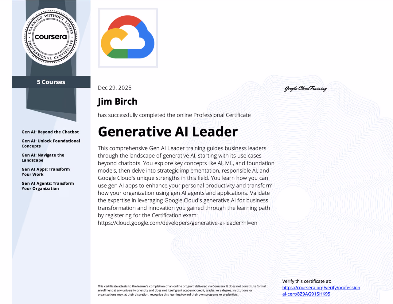 Google Generative AI Leader Professional Certificate